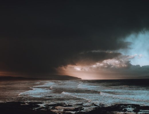 body of water under dark clouds